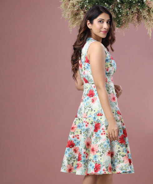 Floral Printed Neck Gathered Dress